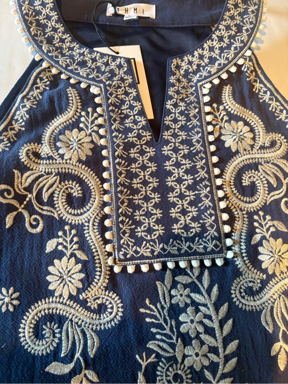 THML Navy Blue Embroidered Tunic with Cream Stitching